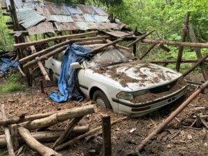 崩れた納屋に潰された車